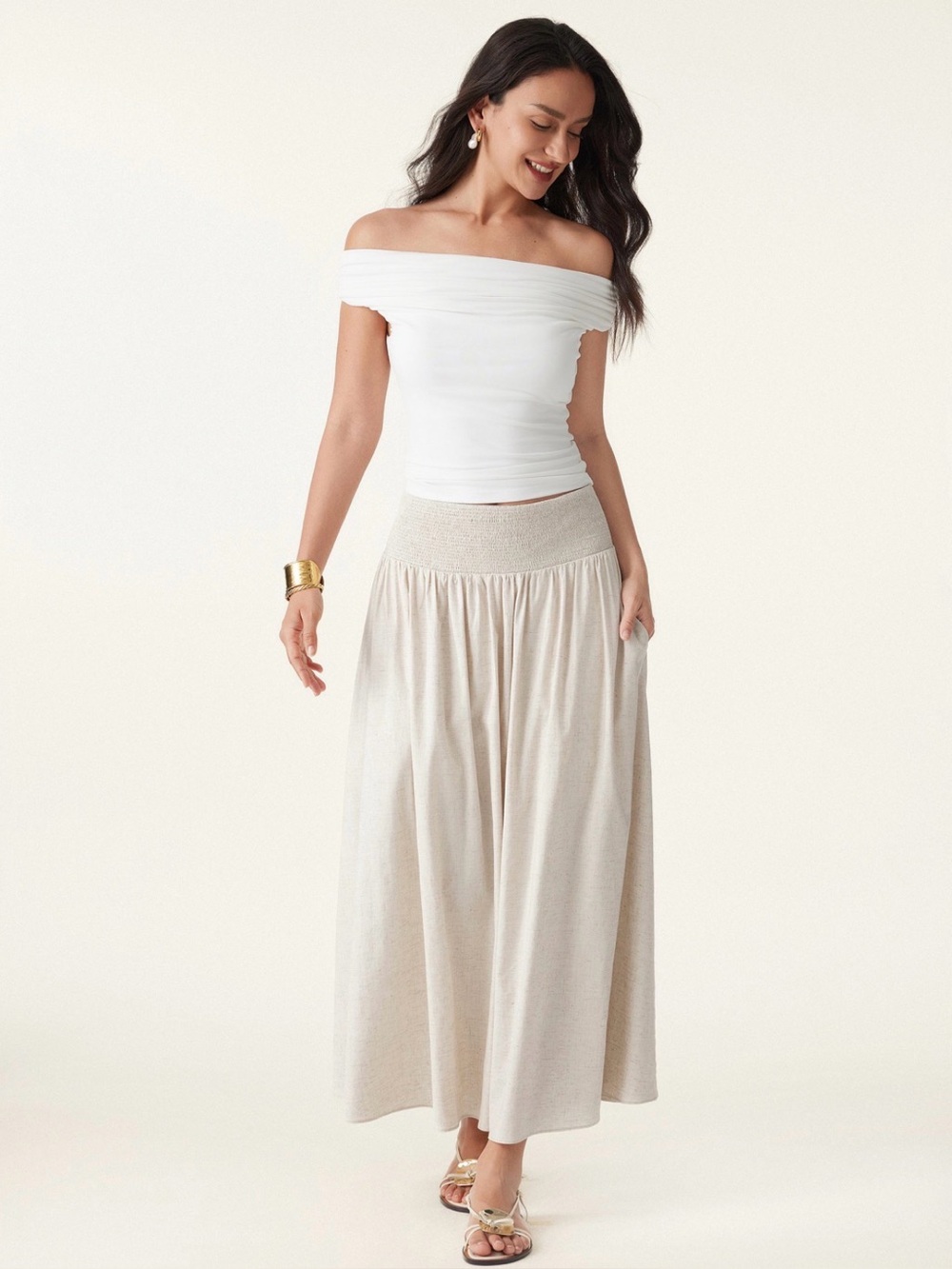 OGL European Linen blend Smocked Waist Skirt W/Pockets Small NWT linen ivory